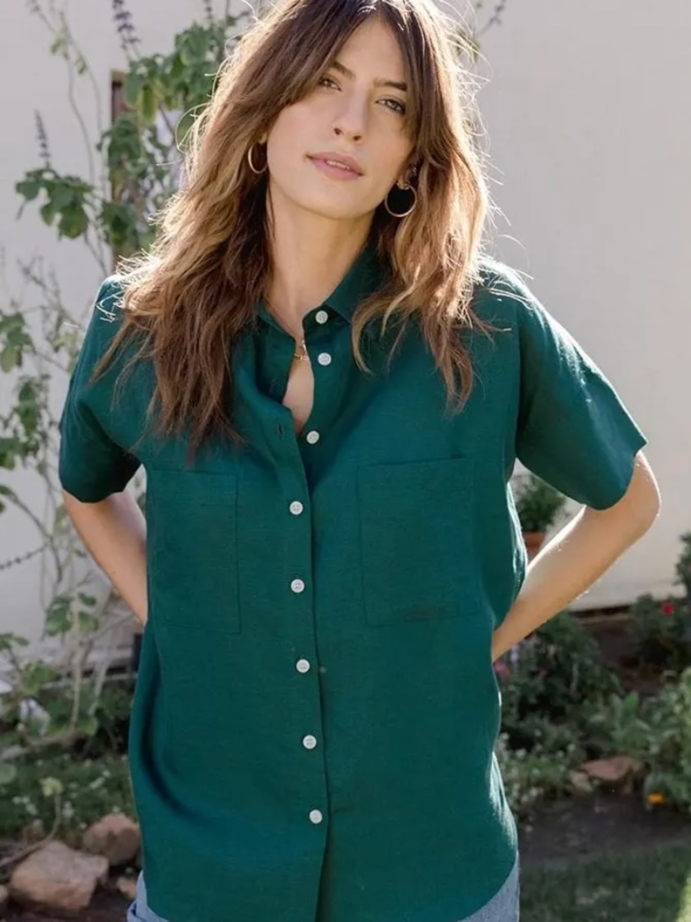 Tradlands Short-Sleeve Box Top Button-Down Shirt Emerald Green XXS